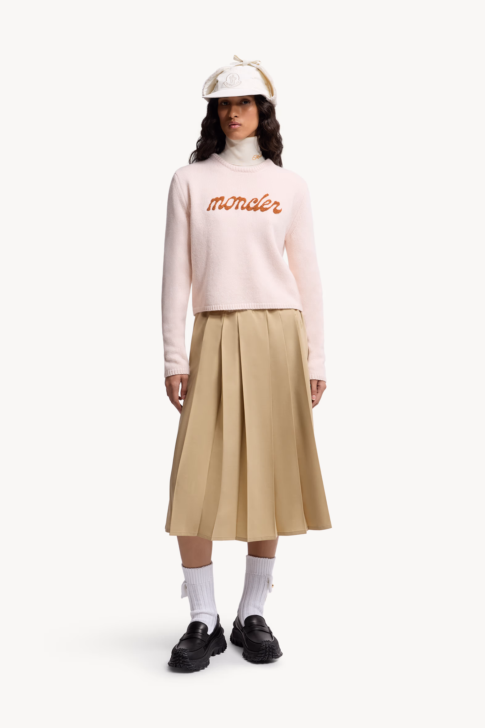 Jersey de lana y cachemira con logotipo bordado Mujer Rosado claro Moncler 0
